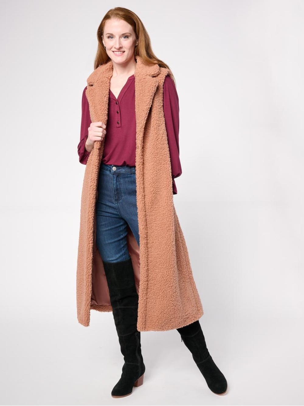 G by Giuliana Long Faux-Shearling Vest in "mocha mousse"
